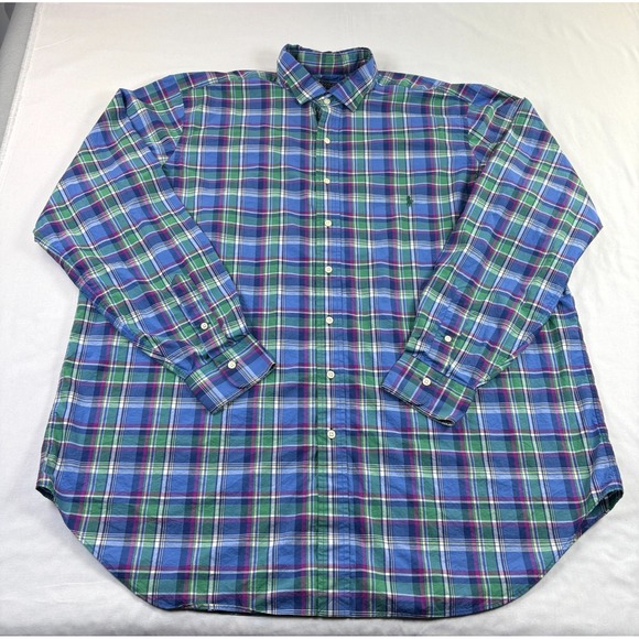 Polo Ralph Lauren Shirt Mens 2XLT Tall Blue Green Plaid Button Up Long Sleeve - Picture 1 of 10